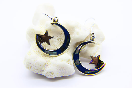Silver earrings with moon and stars logo