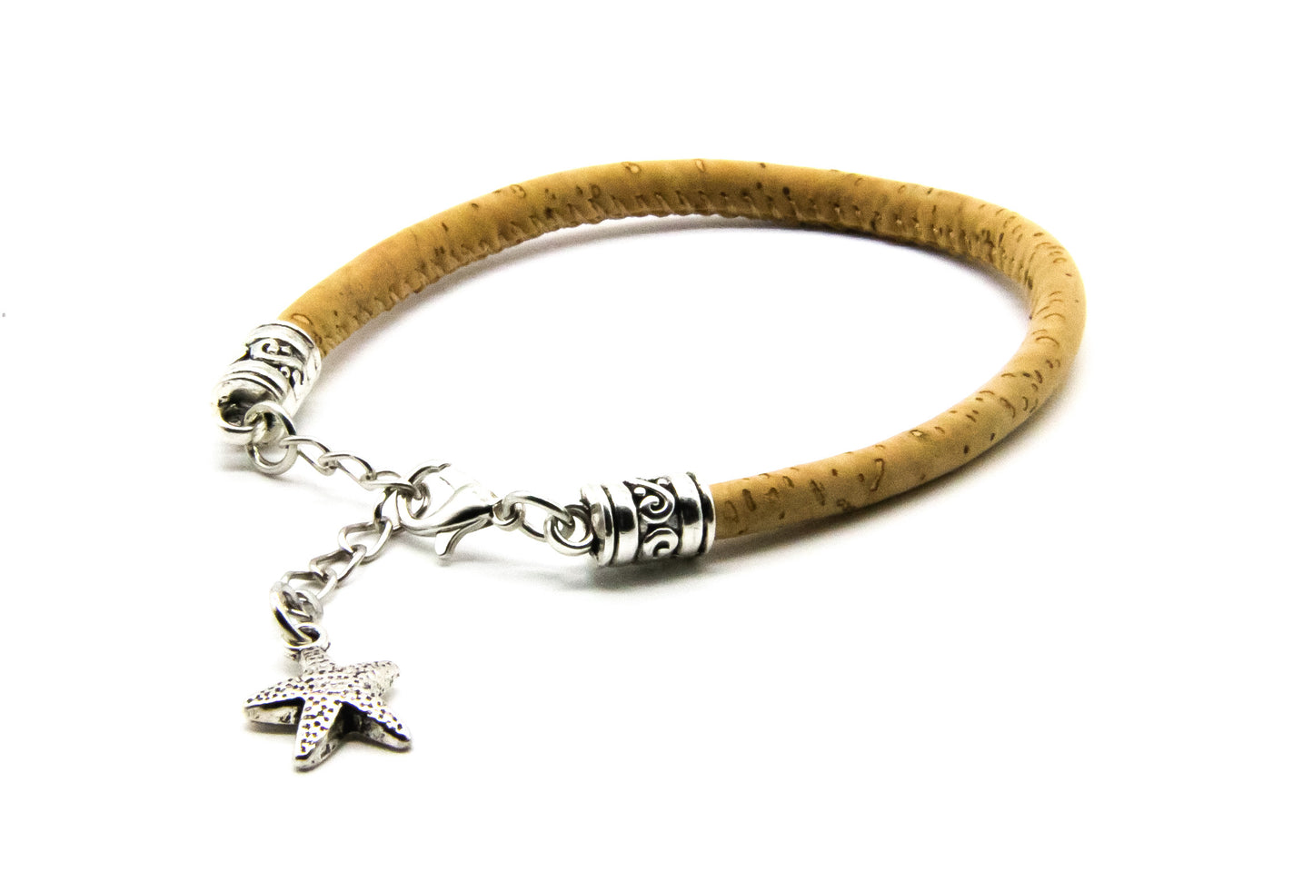 Natural cork bracelet with silver chain and starfish pendant 