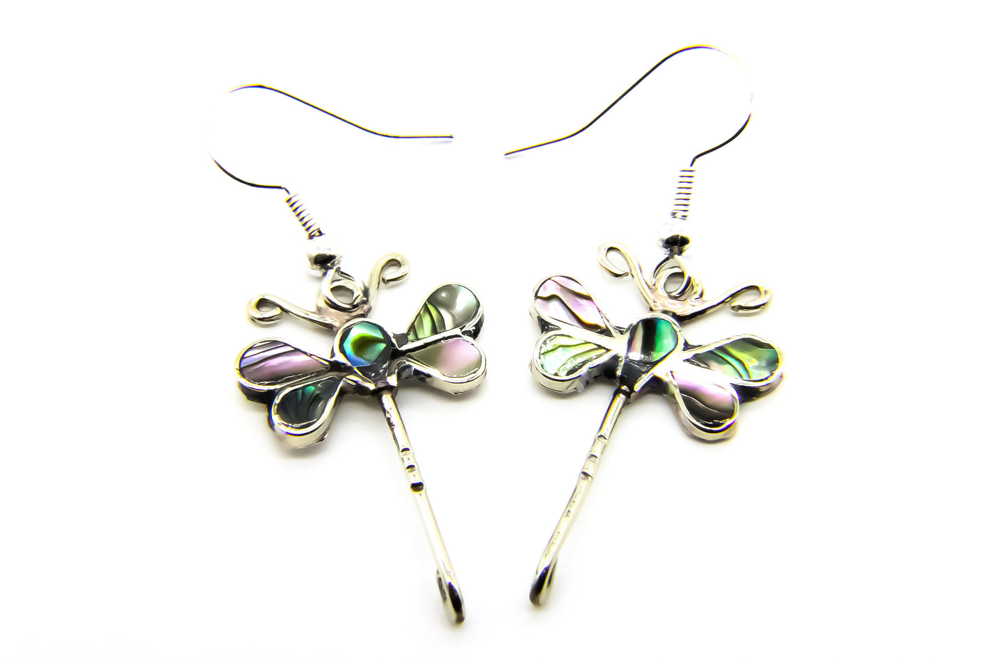 Silver earrings in the shape of dragonflies inlaid with iridescent shell.