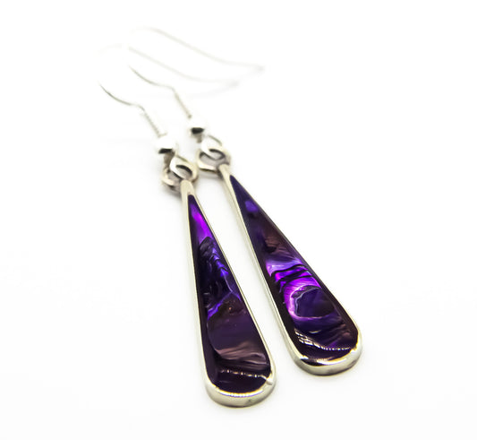 Stretch teardop Mexican silver earrings with purple abalone shell inlay  - Ben's Beach Jewellery 