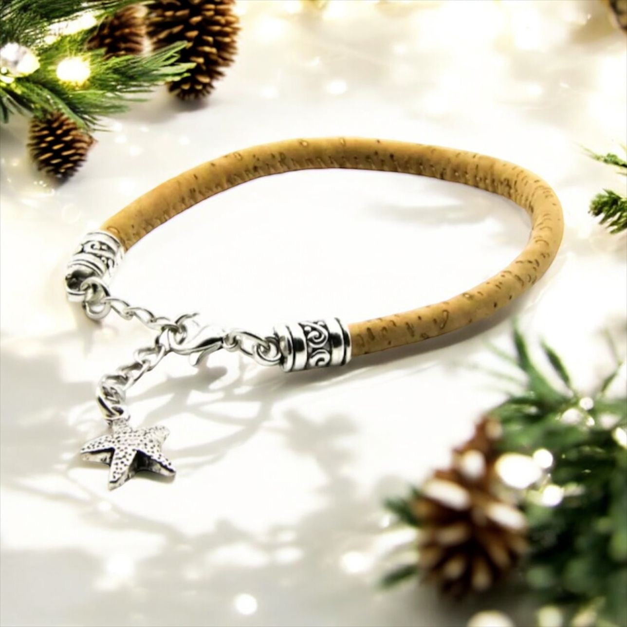 Natural Cork Leather Bracelet with Silver Starfish Pendant