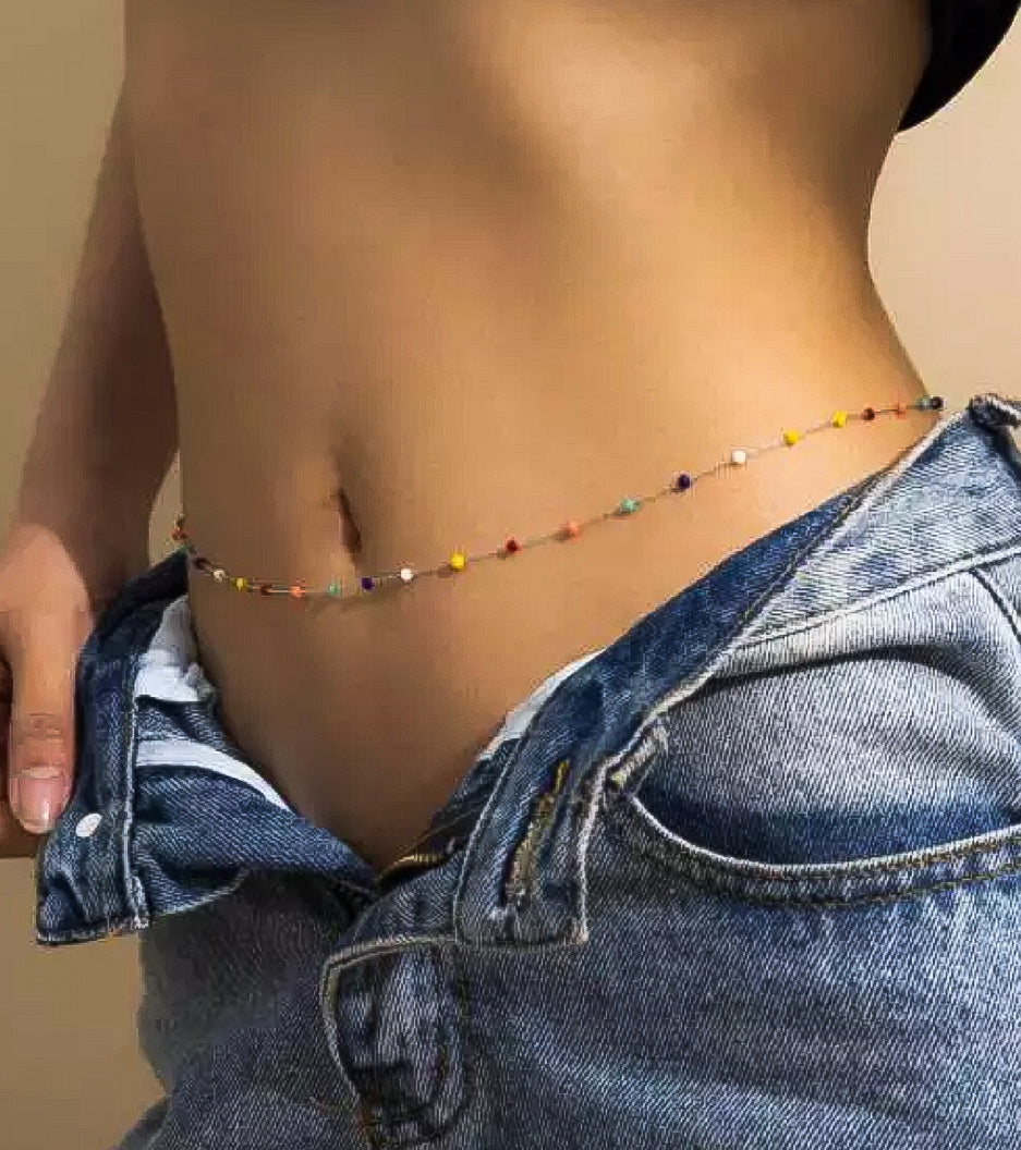 Model wearing colourful beaded belly chain