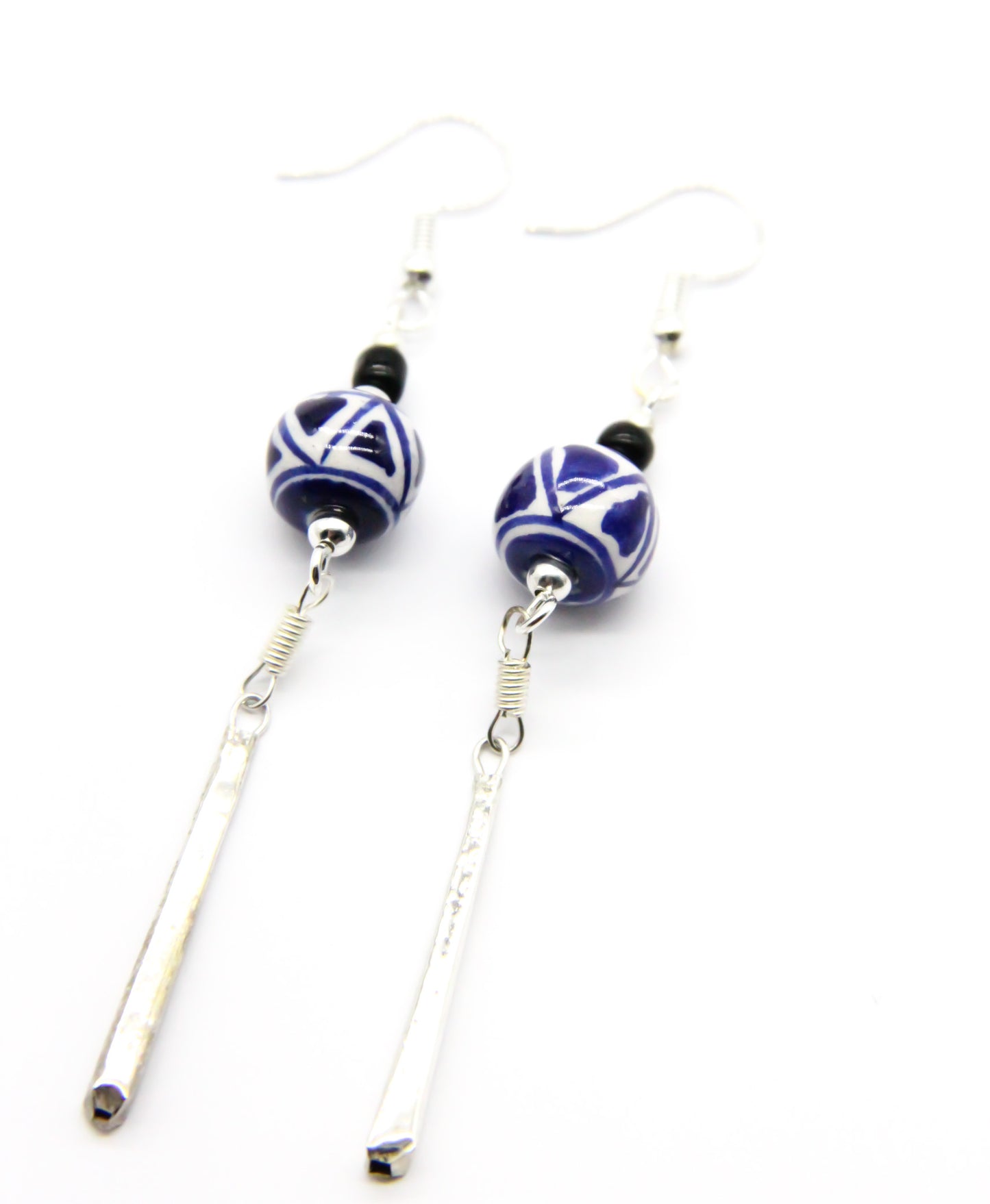Silver drop earrings with blue and white ceramic beads