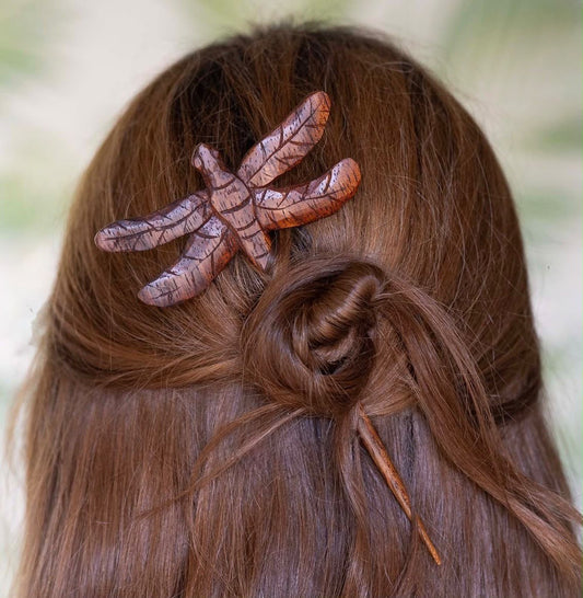 Carved Wooden Dragonfly Hairpin in model's hair - Ben's Beach Jewellery