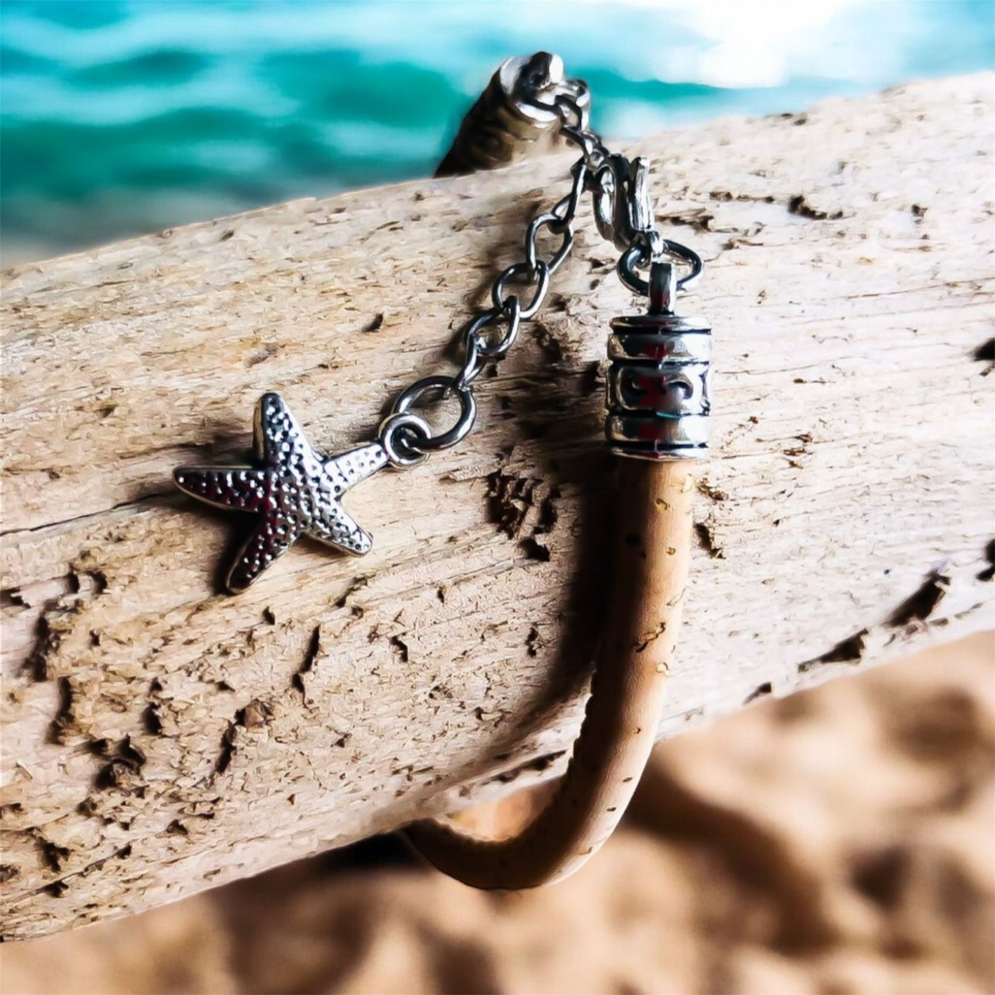 Natural Cork Leather Bracelet with Silver Starfish Pendant