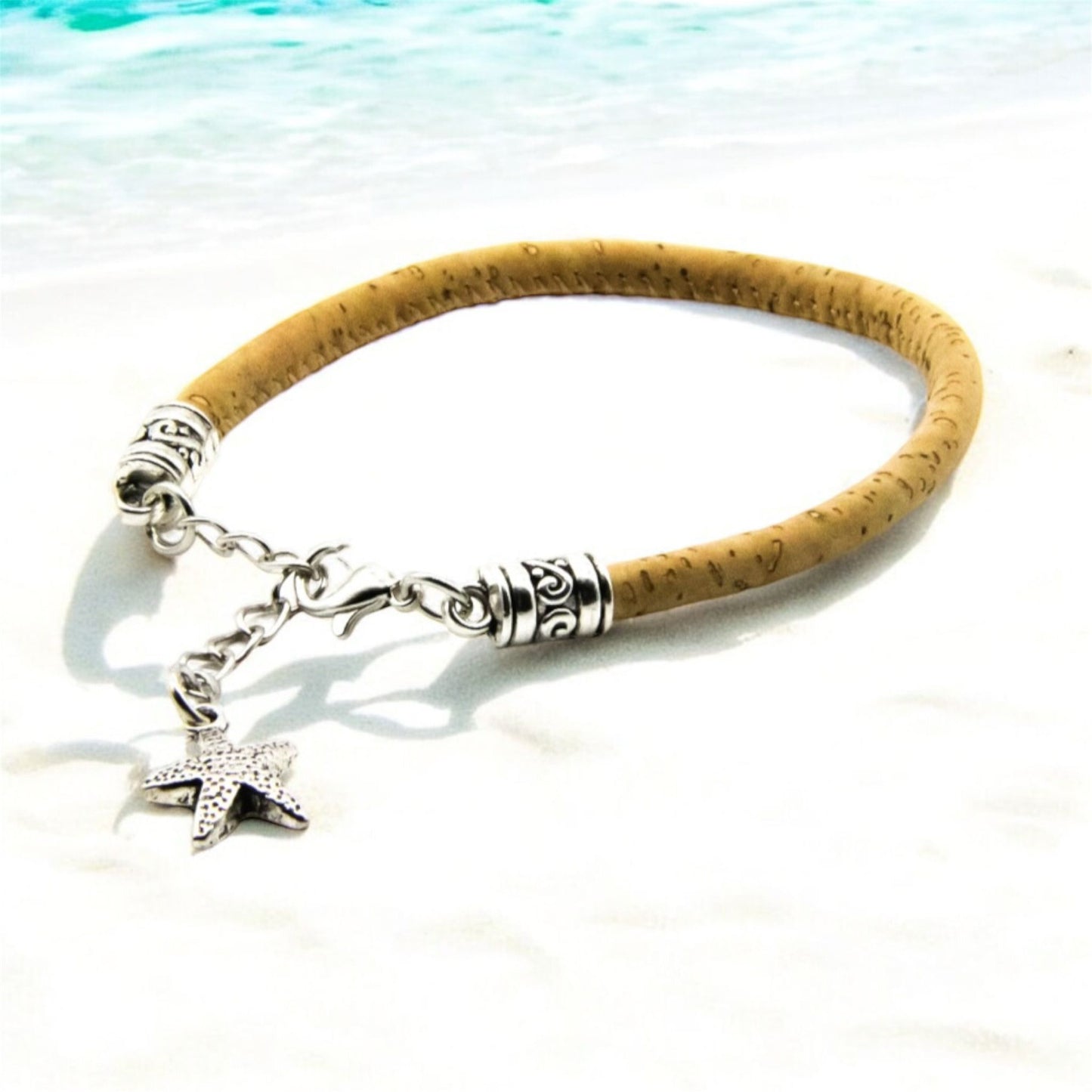 Natural Cork Leather Bracelet with Silver Starfish Pendant