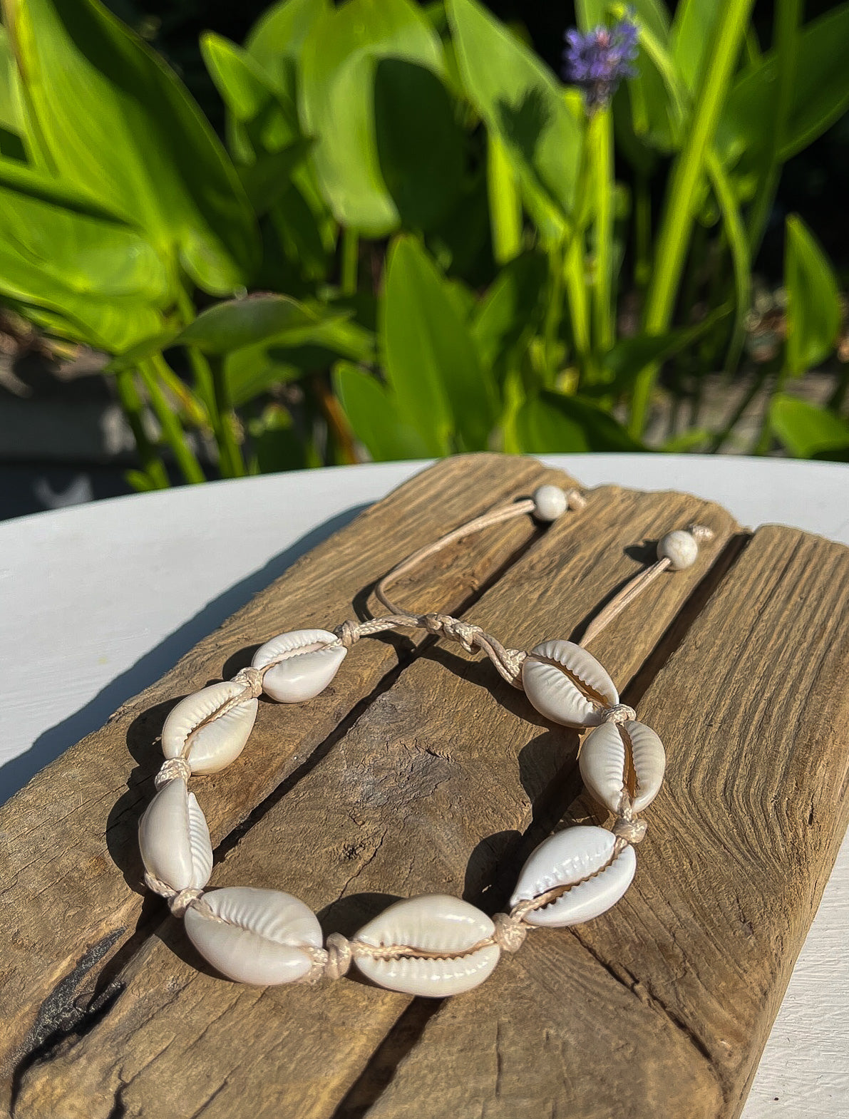 white shell bracelet on a piece of driftwood with tropical plants behind