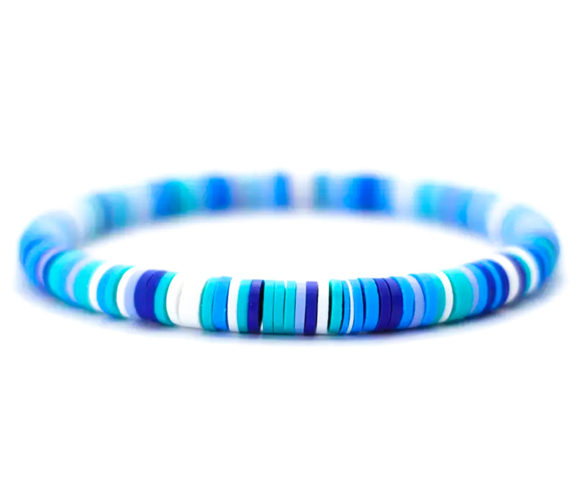 Blue and white bracelet on white background.