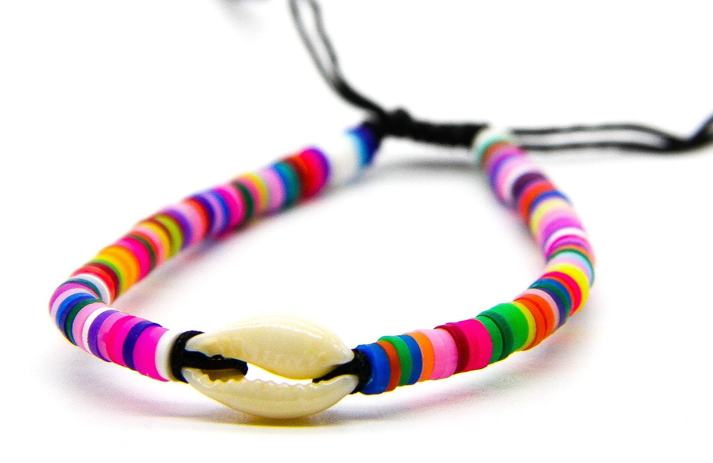 Beach-Style Bracelet in Rainbow Colours with White Cowrie Shell Pendant. 