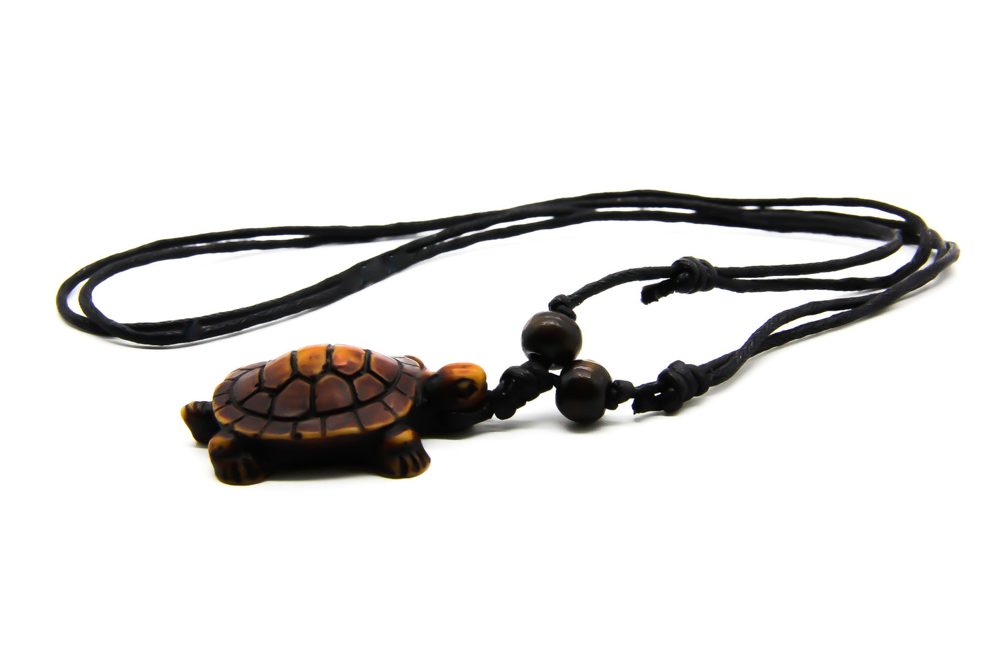 Black cord necklace with brown carved sea turtle pendant