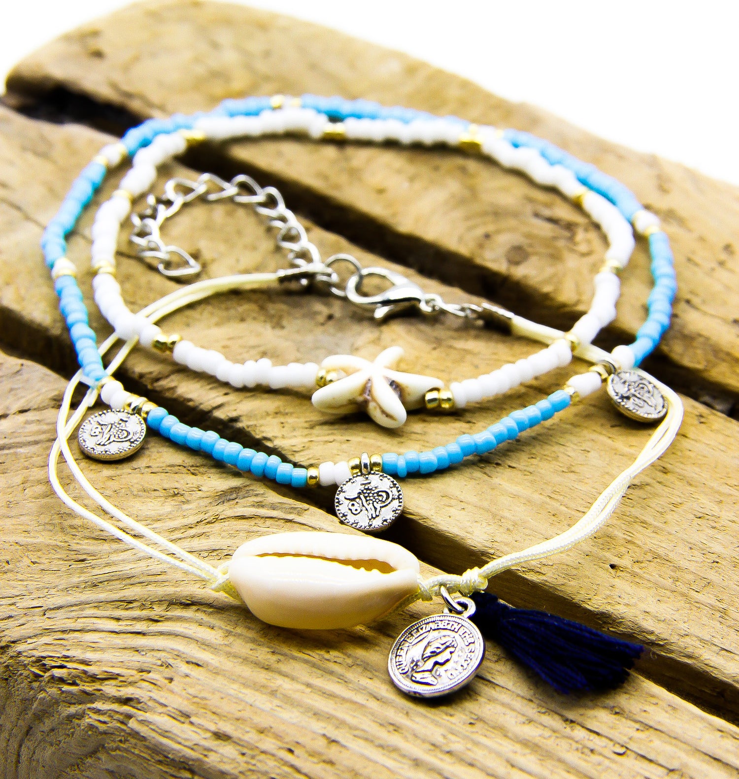 Summer Anklets | Blue and White Beads | Cowrie Shell | Coins | Starfish | Ben's Beach