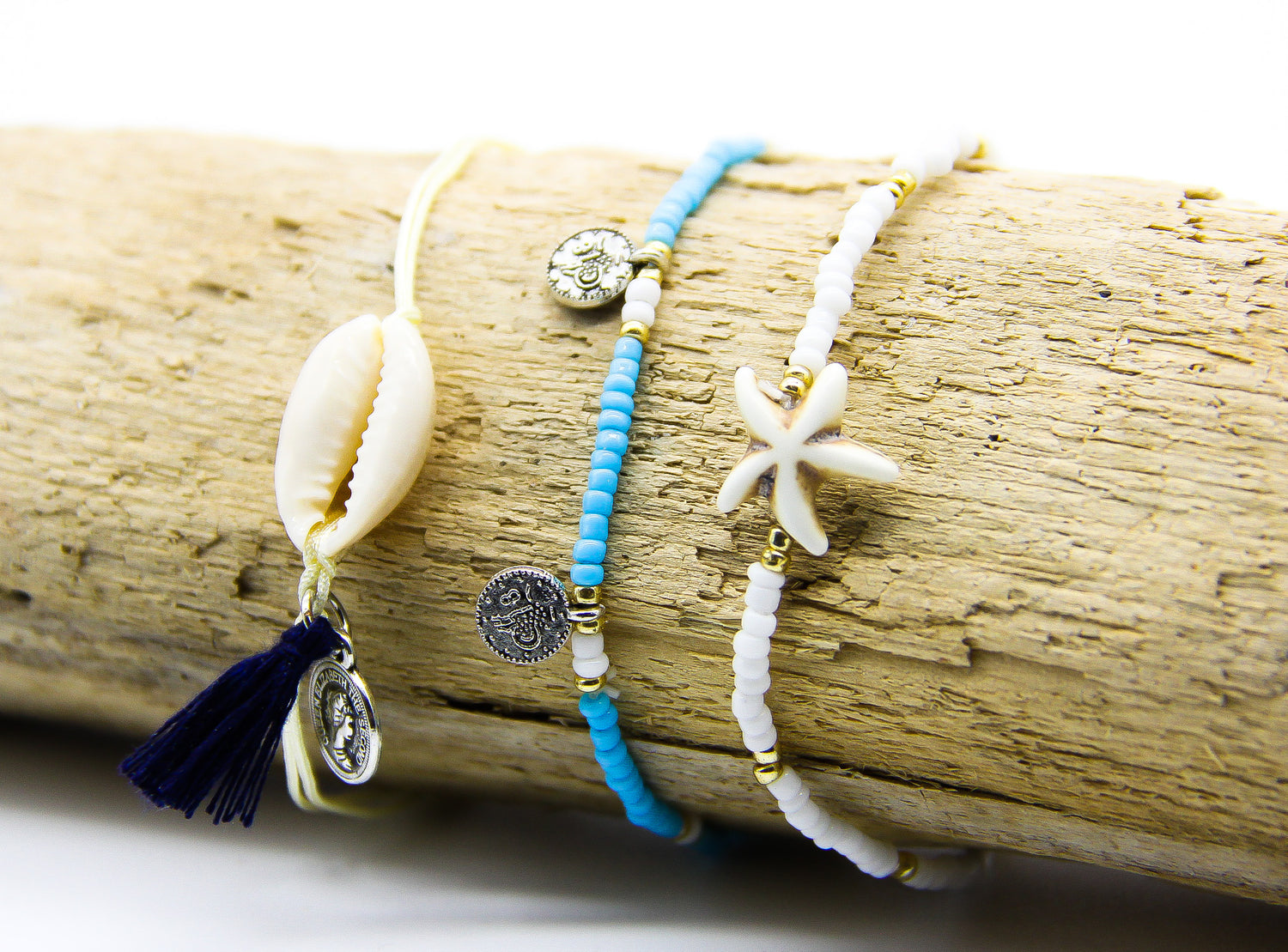 Holiday Anklets | Cowrie Shell Coin and Tassel | Blue and White Beaded Anklets | Starfish Anklet | Ben's Beach