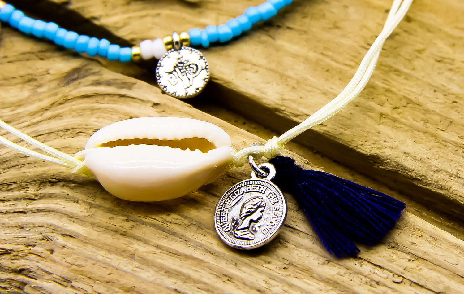 Anklets UK | Cowrie Shell and Navy Blue Tassel and Coin Anklet | Ben's Beach 