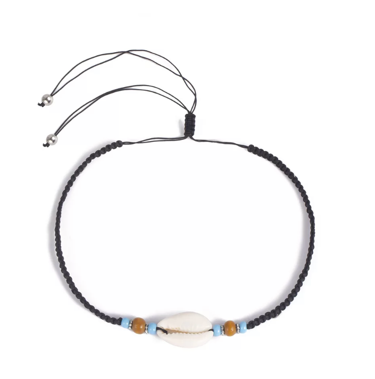 Black adjustable choker with cowrie shell pendant and beads