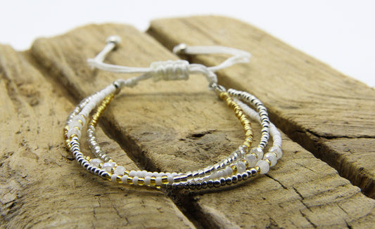 Seed Bead Anklet | Beach Jewellery UK | Silver, Gold and White Beads | Ben's Beach 