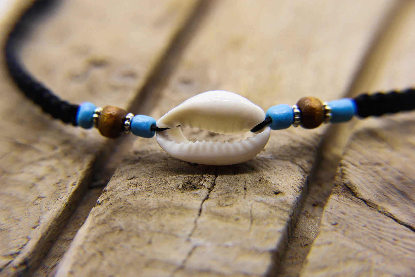 Beach choker with cowrie pendant and turquoise and brown beads