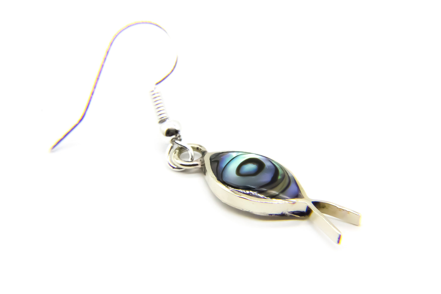 Silver fish drop earring with iridescent shell inlay - Mexcian silver jewellery - Ben's Beach