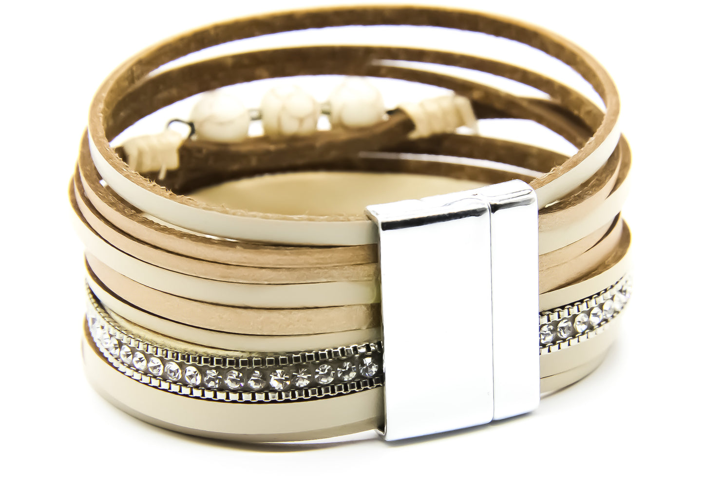 showing the rear side of a multi-strap bracelet with silver clasp 