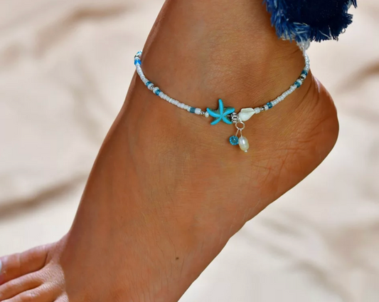 beaded summer anklet with starfish and pearl | beach jewellery