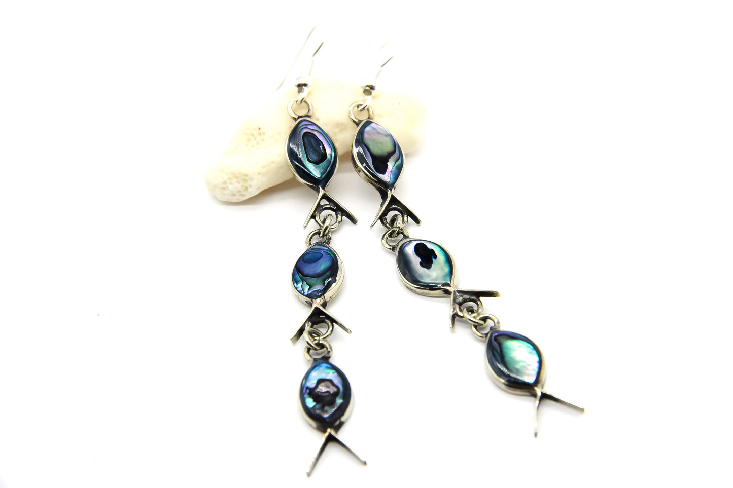 Silver drop earrings in the shape of fish with iridescent blue shell inlay