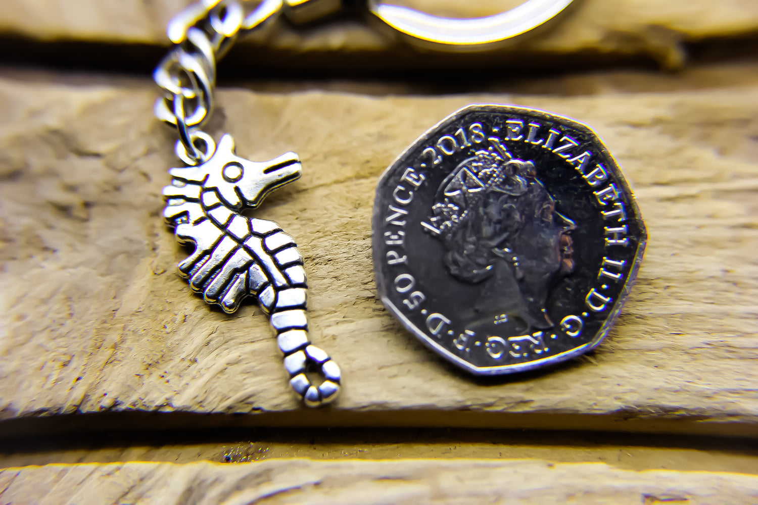 Silver seahorse pendant next to Fifty pence piece