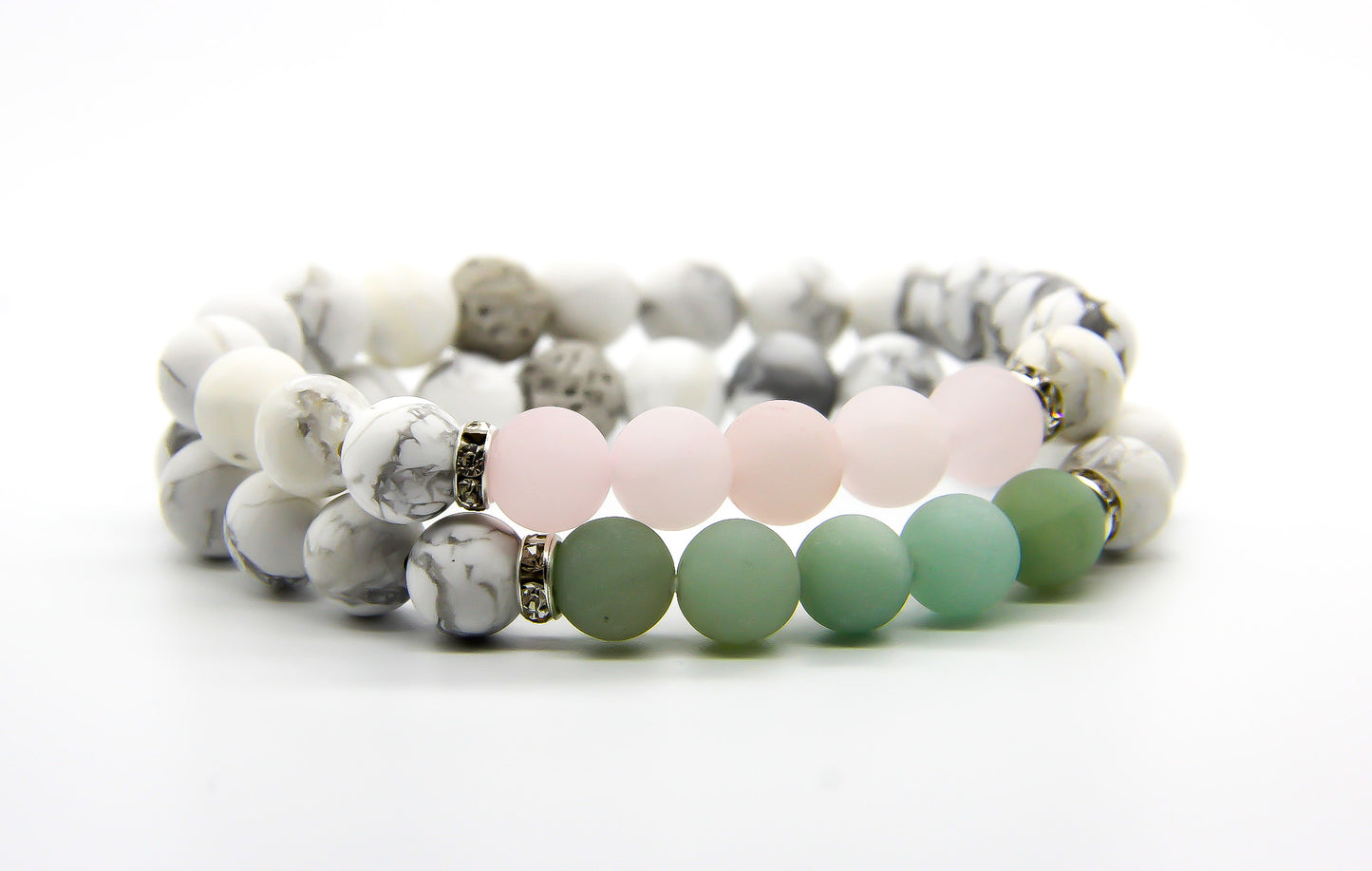 Stone bracelets with white, pink and green beads and silver & crystal detail