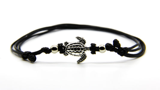 Black cord beach anklet with silver sea turtle pendant 