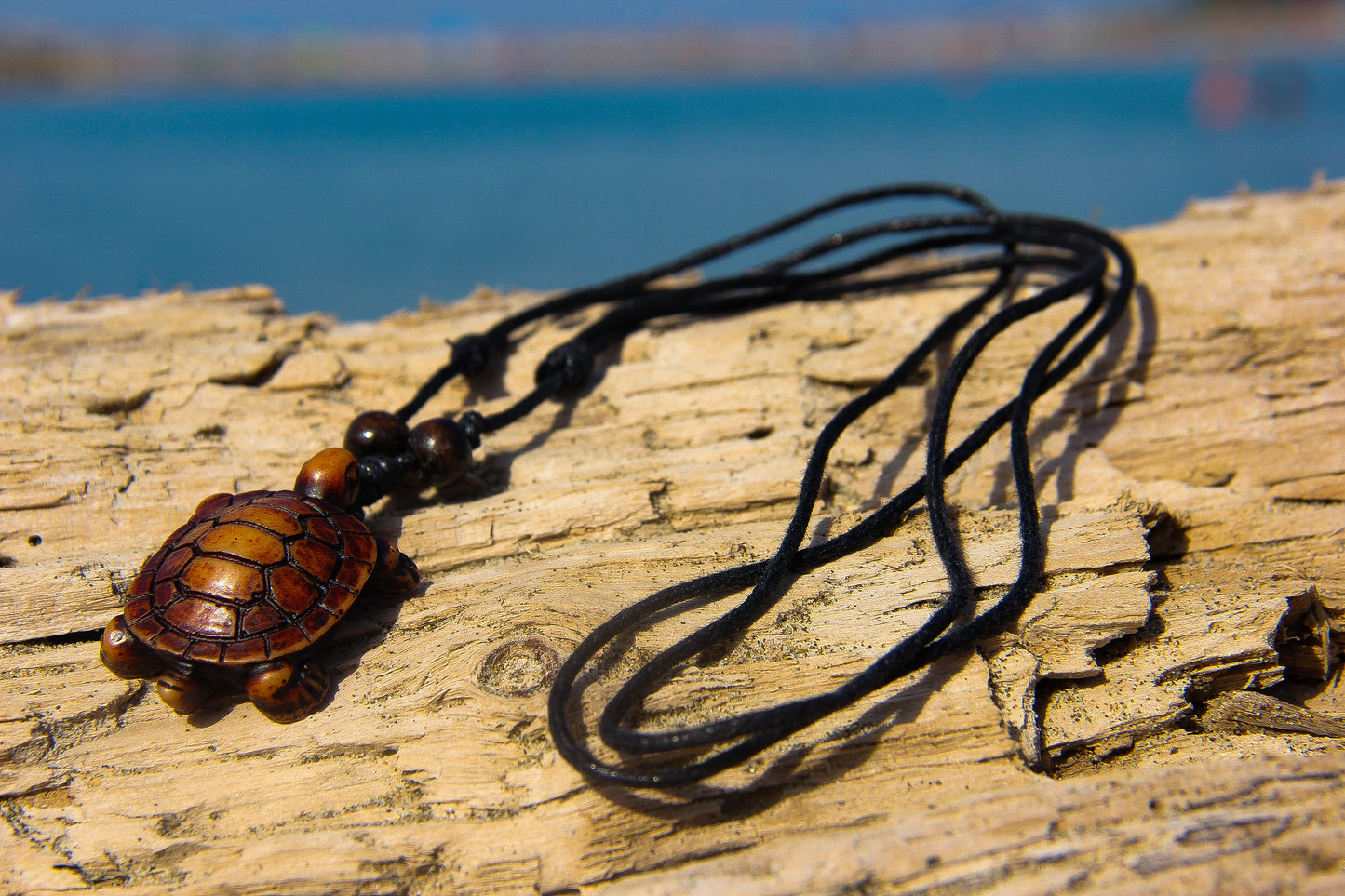 Black cord beach choker with carved brown turtle pendant on a piece of driftwood by the sea. 