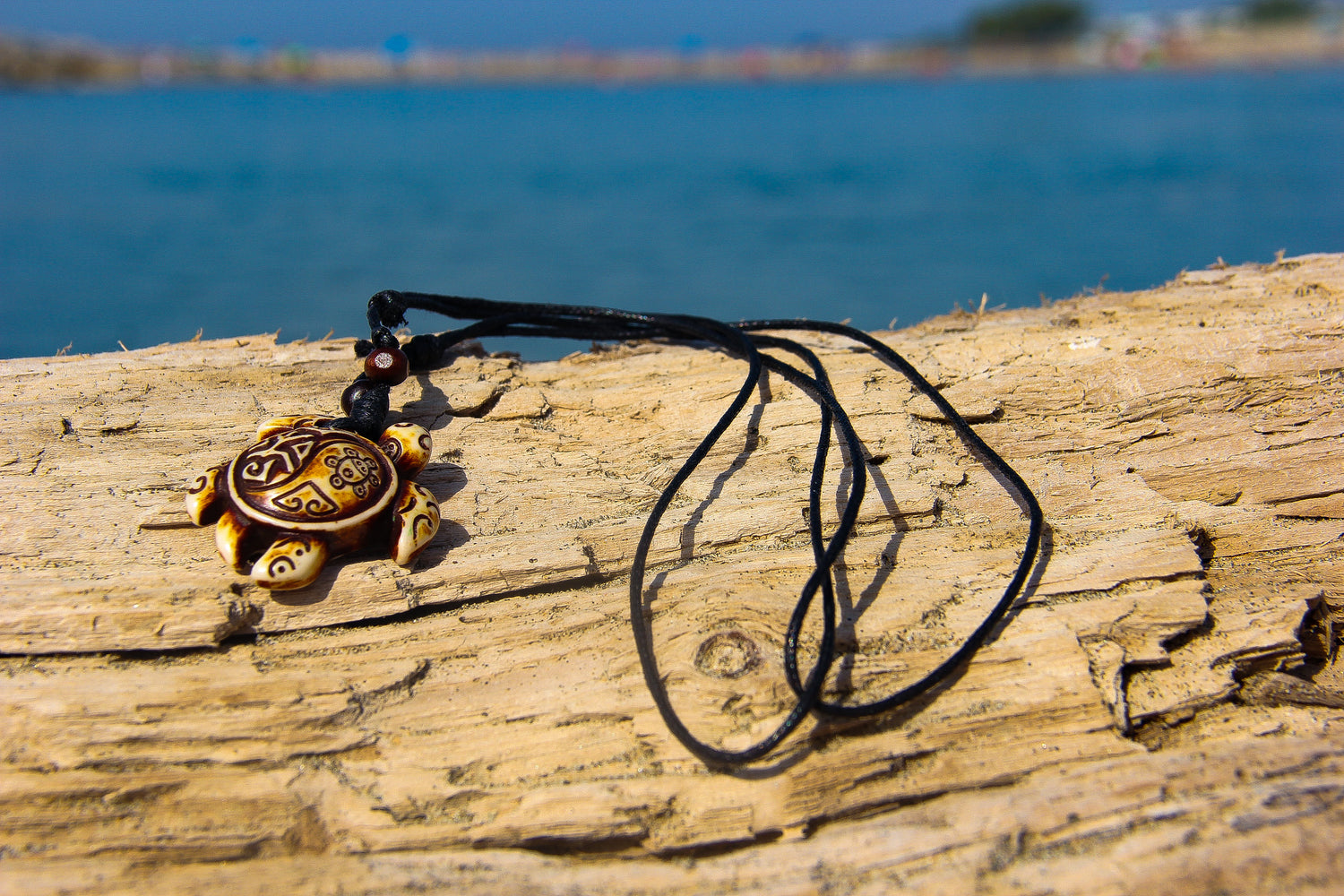 black cord necklace with carved sea turtle pendant on a piece of driftwood in front of the sea