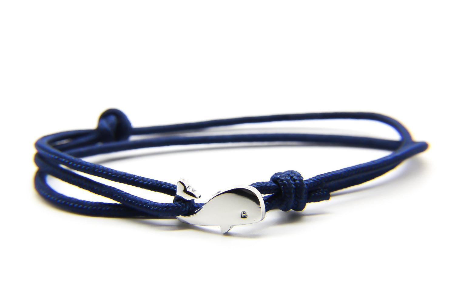 Navy Blue cord bracelet with silver whale pendant. 